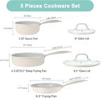 Pots and Pans Set Nonstick, 5-Piece Ceramic Cookware Set, Stainless Steel Handles, Induction Compatible & Oven Safe, Non Toxic Healthy Cooking Set for RV & Apartments, Cream White