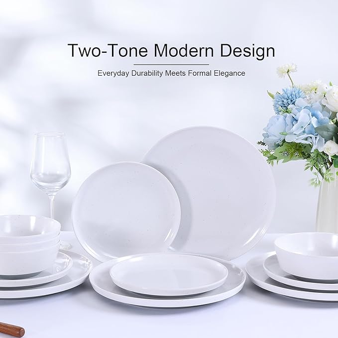 Webbylee 12-Piece Melamine Dinnerware Set for 4 – Unbreakable Plates & Bowls, Lightweight, Two-Tone White & Grey, Ideal for Family Meals, Camping, Picnic, Parties
