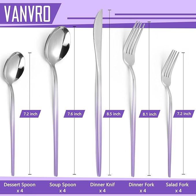 Gradient Purple Silverware Set, 20-Piece Stainless Steel Flatware Cutlery Set, Kitchen Utensil Set Service for 4, Include Knife/Fork/Spoon, Mirror Polished, Dishwasher Safe