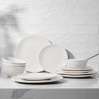 Famiware Plates and Bowls Sets 18-Piece Stoneware Dinnerware Sets, Dishes Set for 6, Hand-made Reactive Glaze Dish Set, Twilight Series, White
