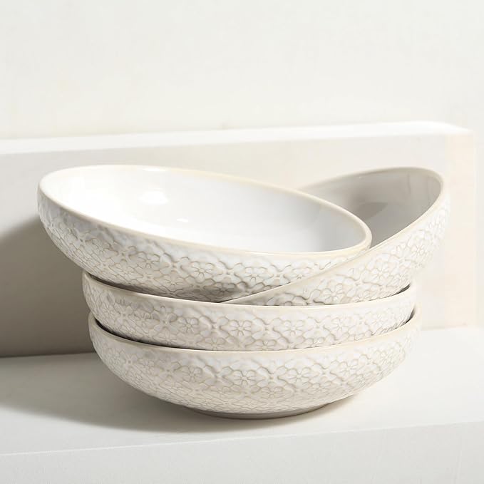 8 inch Pasta Bowls, 22 Oz Ceramic Serving Bowls Set of 4, Embossed Porcelain Salad Bowl, Serving Dishes for Pasta, Salad, Soup, Fruit, Housewarming Gift, Wedding Decor, Oven & Dishwasher Safe