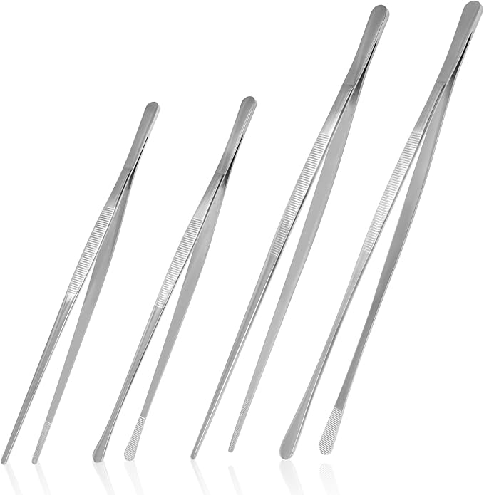 12 Inch & 10 Inch Fine Long Tweezers Tongs Stainless Steel, Silver Professional Kitchen Tweezers Tongs for Cooking, BBQ, Plating, Repairing (Pack of 4)