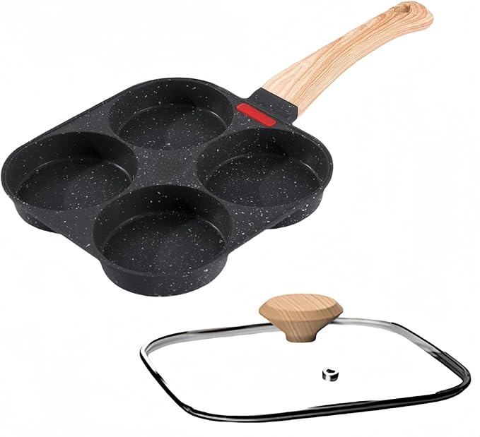 Egg Pan With Lid 4-Cup Nonstick, and Healthy Granite Egg Frying Pan, Versatile Breakfast Skillet for Eggs, Pancakes, Plett, Crepes, Compatible with Gas Stove and Induction Cooktop