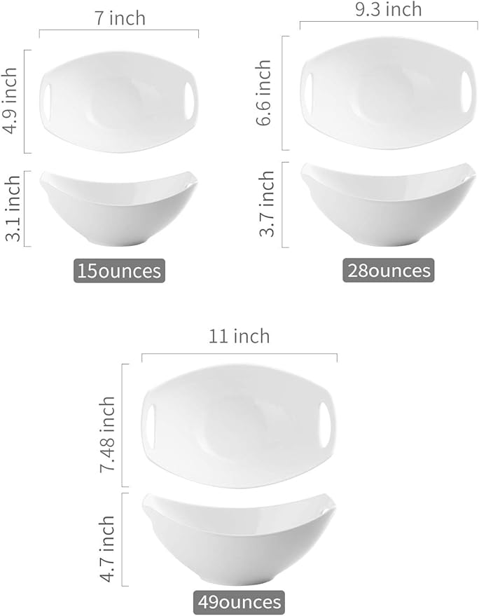 LAUCHUH Serving Bowls with Handles, Porcelain Serving Dishes White Nesting Bowls Mixing Bowl Set Salad Bowls for Easter, Entertaining, Party, Mother's Day, Baby Shower, Set of 3, 15/28/49 oz