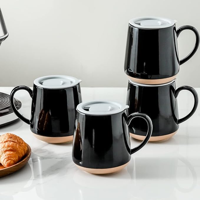 HVH Ceramic Coffee Mugs Set of 4, 17oz Large Mugs with Lid, Farmhouse Style (Black)