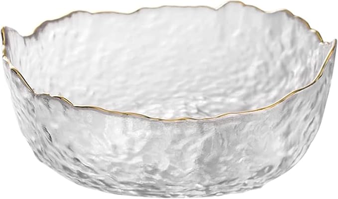 Glass Salad Bowl Irregular Lotus Flower Shape Serving Bowls, Mixing Nut Bowls for Kitchen Fruist, Snack, Dessert, and Ice Cream Candy Dishes (Crystal Clear with Gold Rim, Medium)