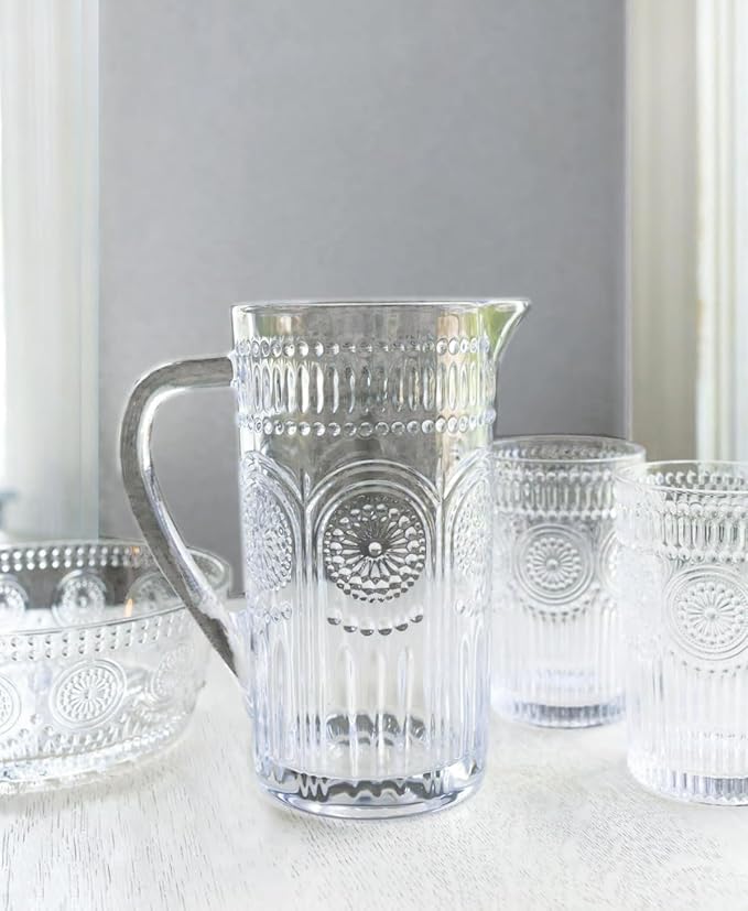 Boston International Vintage-Inspired Glass Serving Bowl with Embossed Floral Pattern for Salad Snacks Dinner, Large 7" x 2.75", Clear Codi