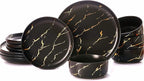Pokini Black Gold Splash Dinnerware Sets, Marble Porcelain Plates and Bowls Sets, Modern Luxury Dish Set for 4, 12 Pieces Fine China Plates Set for Formal Dinners and Anniversaries