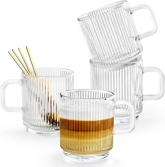Clear Glass Coffee Mug Set of 4, 12 Ounces Ribbed Glassware with Spoon, Classic Vertical Stripes Tea Mugs for Soda, Latte, Espresso, Cappuccino, Gift for Birthday Holidays Wedding Anniversary