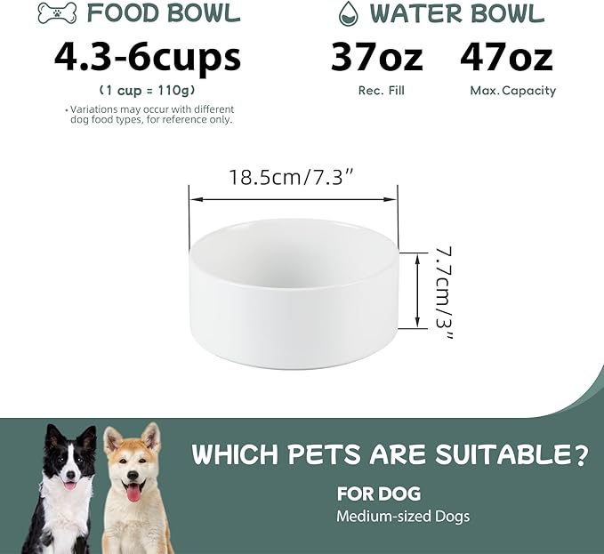 Havniva Ceramic Dog Bowl, Food and Water Bowl for Medium Breed Dog, Pet Bowl for Replacement (7.3 inch, Single Bowl, White)