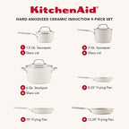 KitchenAid Hard Anodized Ceramic Induction Nonstick Pots and Pans with Saucepans, Frying Pans, Stockpot, and Lids, Dishwasher Safe, 9 Piece Cookware Set with Stainless Steel Handles - Porcelain White