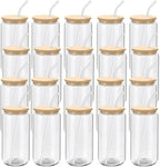 YOUKE OLA 20 Pack Glass Cups with Bamboo Lids and Glass Straw 16oz Beer Can Shaped Drinking Glasses Cups, Glass Tumbler Reusable Cute Cups for Whiskey, Iced Coffee, Tea, Soda, Cocktail, Gift, Clear