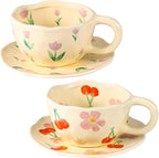 Cappuccino Cup with Saucers Set of 2 Ceramics Coffee Mugs 8 oz Latte Art Cup Vintage Aesthetic Flower Barista Cups for Americano, Tea, Espresso,Mocha, Milk - Microwave and Dishwasher Safe