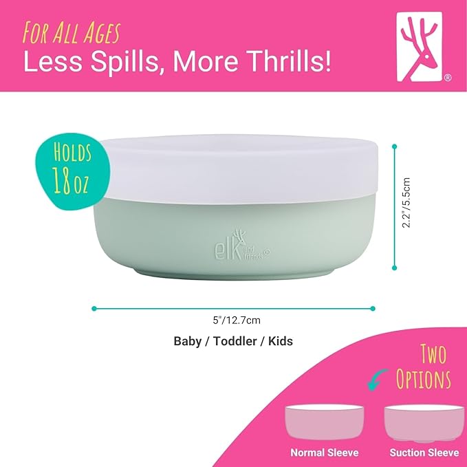 Elk and Friends Kids Porcelain Bowls with Silicone Sleeve + Silicone Lid | Kids/Toddler/Baby Feeding | Microwave & Dishwasher Safe | Non slip | Cereal/Soup/Snack Dishes & Dinnerware
