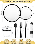 BESTVIP 175PCS Plastic Clear Black Plates for Party, Disposable Dinnerware Set for 25 Guests, 50 Plastic Plates, 25 Cups, 25 Pre-Rolled Napkins with Cutlery for Party, Christmas, Wedding