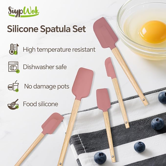Silicone Spatula Set, Food Grade Rubber Spatula-4 Piece Nonstick Rubber Spatulas, Spoonula, Jar Scraper for Cooking, Baking, Mixing, Frosting - Heat Resistant Up to 600°F (5 Pcs Spatula Pink)
