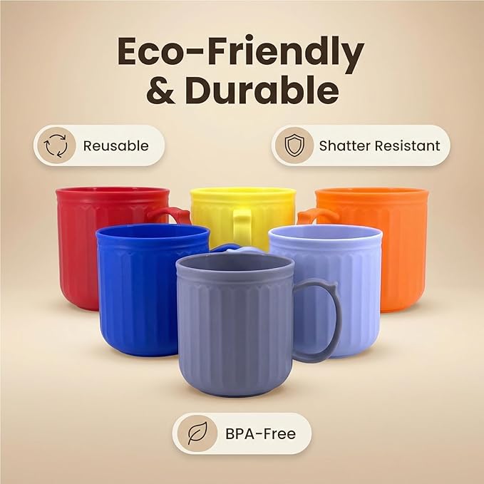 13 oz Plastic Coffee Mugs set of 6 - Unbreakable Coffee Mug, BPA Free Microwave & Dishwasher Safe - Reusable Thick Wall Drinking Cups for Indoor and Outdoor (Assorted Color)