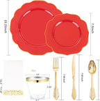 NOCCUR 175PCS Red Plastic Plates with Gold Disposable Silverware - Include 50 Red Gold Plastic Plates,25 Knives,25 Forks,25 Spoons,25 Cups and 25 Napkins - Ideal for Party/Mother's Day