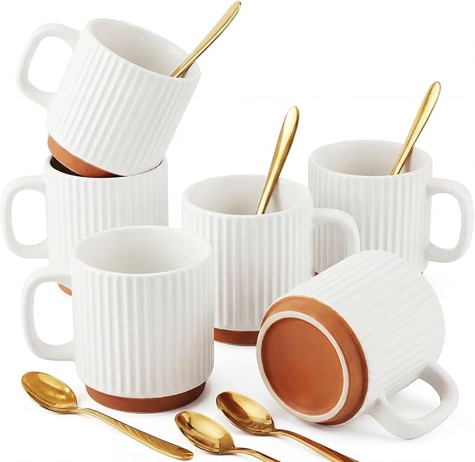 6 Set Ceramic Coffee Mugs with Spoons Set, Textured Ceramic Mugs with Handle, Dishwasher Microwave Safe, Aesthetic Tea Mug for Home Office, Coffee Lover Gift(White)