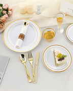 Goodluck 200PCS Gold Disposable Plastic Dinnerware Set for 25 Guests, Include 25 Dinner Plates, 25 Dessert Plates, 25 Napkins with Silverware, 25 Cups, 25 Champagne Glasses, for Christmas, Wedding