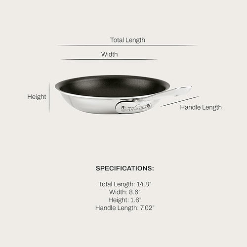 All-Clad D3 8 Inch Stainless Steel Pro Non Stick Frying pan, 3-Ply Stainless Steel Pan, Induction, Oven Broiler Safe 500F Skillet, Professional Cookware, Silver