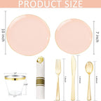 KIRE 175PCS Pink Plates Disposable - Heavy Duty Pink and Gold Plastic Plates Dinnerware Sets - 25 for Dinner 25 for Dessert 25 Pre Rolled Napkins 25Cups for Spring/Wedding/Mother's Day/Baby Shower