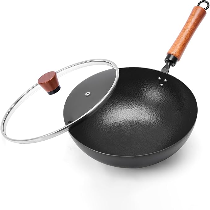 11" Round Bottom Carbon Steel Wok, Traditional Chinese Stir Fry Pan for Gas Stove & Wok Ring, Round-Bottom Induction Wok Burner Compatible, Uncoated Small Wok Pan