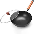 11" Round Bottom Carbon Steel Wok, Traditional Chinese Stir Fry Pan for Gas Stove & Wok Ring, Round-Bottom Induction Wok Burner Compatible, Uncoated Small Wok Pan