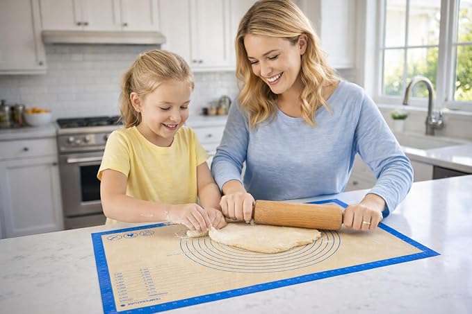 Silicone Pastry Mat with Measurements, 36 x 24 Inch Extra Thick Non-Slip Nonstick XL Baking Mat for Dough Rolling, Kneading, Fondant and Pie, Blue