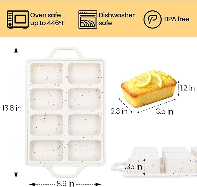 FUNBAKY Metal Reinforced Silicone Mini Loaf Pan, 8-Cavity Nonstick Mini Bread Pans for Baking Bread, Cakes, Brownies, Meatloaf, Jellies Oven Dishwasher Safe
