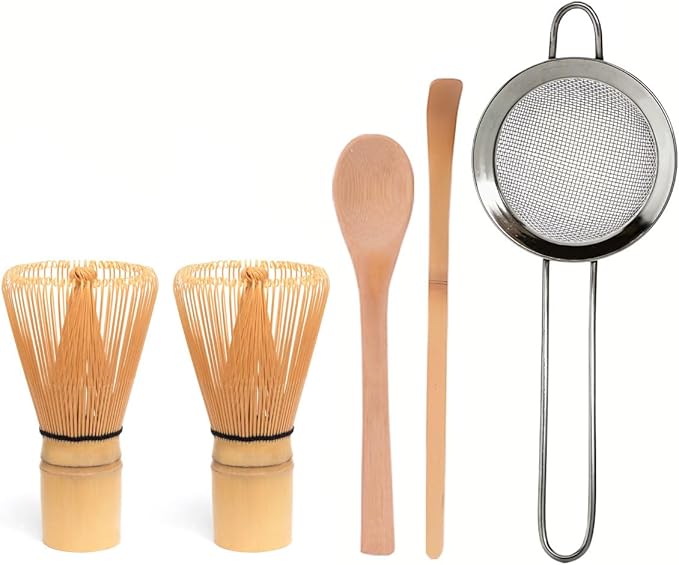 Bamboo Matcha Whisk Set with 2-pack 100% Natural Bamboo matcha Whisk,Sifter,Tea Scoop and Tea Spoon，Handcrafted Traditional Japanese Chasen, Matcha Kit for Authentic Matcha Tea Preparation