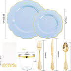 NOCCUR 175PCS Blue Plastic Plates with Gold Disposable Silverware - Include 50 Light Blue and Gold Plastic Plates,25 Knives,25 Forks,25 Spoons,25 Cups and 25 Napkins - Easter Day/Spring Party