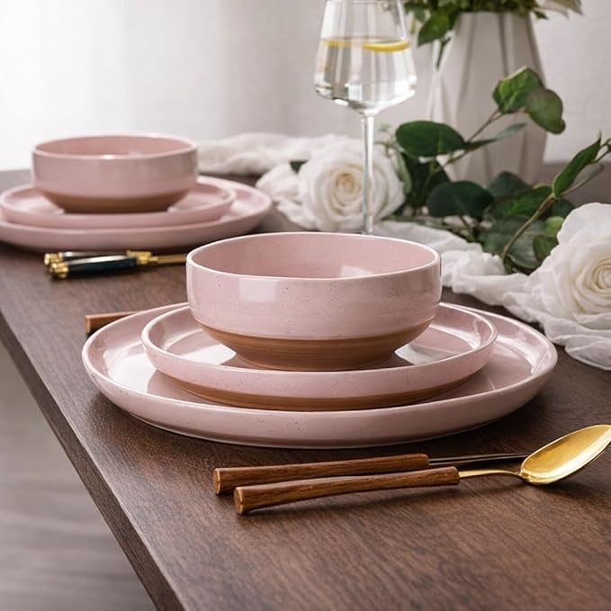 GBHOME 24-Piece Ceramic Dinnerware Set for 6, Handpainted Plates, Pasta Bowls & Bowls Set with Rustic Terracotta Underside, Scratch-Resistant, Dishwasher & Microwave Safe,Speckled Glaze Pink