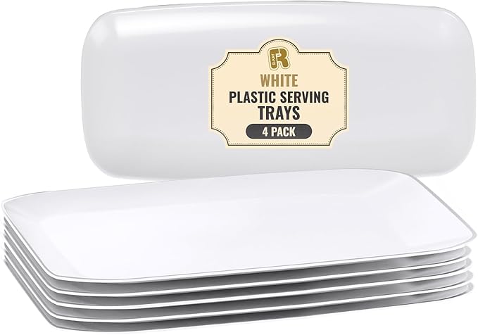 4 Pack Plastic Serving Trays for Party - White Serving Tray 10 by 5.5 in - Heavy Duty Dessert Trays for Food - Rectangular Party Serving Trays - Premium Party Trays - White Platters