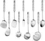 18/10 Stainless Steel Cooking Utensils Set,9pcs Metal Kitchen Utensil Sets 14 inch Long Heavy Duty Kitchen Tools Dishwasher Safe, Include Soup Ladle, Slotted Skimmer Spoon, Spaghetti