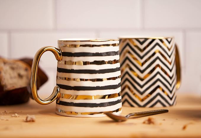 KooK Coffee Mugs, Coffee Mug Set, Black and Gold Cups, Porcelain, Tea Cups with Handles, Geometric Design with Metallic Gold Accents, 14.8 oz, Black and Gold, Set of 2