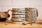 KooK Coffee Mugs, Coffee Mug Set, Black and Gold Cups, Porcelain, Tea Cups with Handles, Geometric Design with Metallic Gold Accents, 14.8 oz, Black and Gold, Set of 2