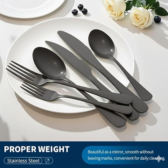 GPY Black Silverware Set with Steak Knives, 36-Piece Stainless Steel Flatware Set Service for 6, Titanium Plated Black Eating Utensils, Modern Mirror Finish Cutlery for Kitchen & Home