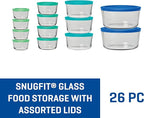Anchor Hocking 26 Piece Glass Storage Containers with Lids (13 Glass Food Storage Containers & 13 Mixed Blue SnugFit Lids)