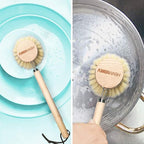 AMERWASH PLUS Dish Brush with Wooden Handle, Natural Kitchen Brush for Dishes Vegetable, Pots and Pans, Tampico Fiber Bristles Scrubber, Extra 3 Pack Replacement Head Included