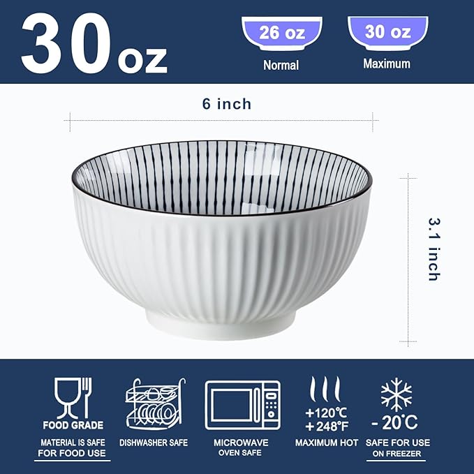 Houlu 30 ounce ceramic rice bowl, Japanese bowl set, various tableware for grains, soups, desserts, snacks, fruits, 6 pieces per pack (blue and white)