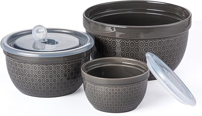 Ceramic Mixing Bowls 3-Piece: Nesting Ceramic Bowls with Lids - Microwave Safe for Kitchen Baking and Serving - Ideal for Home Bakers (Grey)