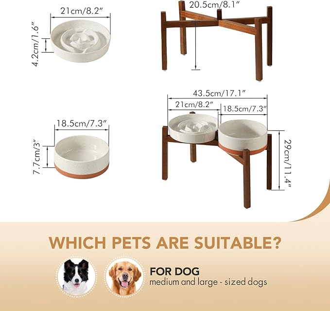 Havniva Ceramic 1.6 Cup Raised Slow Feeder Dog Bowl Set, Elevated 7.3inch Bowl and 8.2inch Dish with Acacia Wood Stand for Medium and Large Dogs(2 x Vanilla White+ Stand)