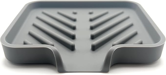 Happitasa Silicone Soap Dish Tray and Sponge Holder with Drain Chute and Feet | 3-Way Sloped Design | Bathroom and Kitchen Sink Organizer Caddy (Grey, 5"x4", 3.5 Ounces)