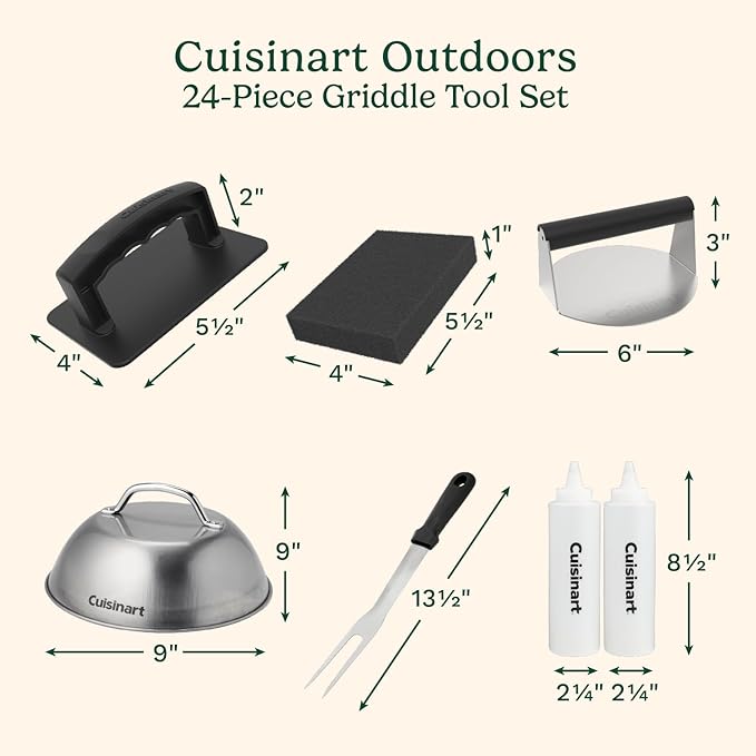 Cuisinart 24-Piece Griddle Tool Set with Storage Tote, Stainless Steel Flat Top Grill Accessories with Spatulas, Melting Dome, Smash Burger Press, Scraper & Tongs, Perfect for BBQ, Tailgates, Camping