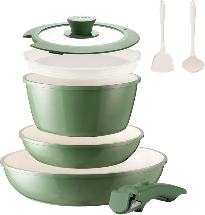 8PCS Ceramic Cookware,Nonstick Ceramic Pan, Removable Handle Pots and Pans Set, Stackable Set, Nonstick Pan Pots and Pans Set Non Stick pot (Green)