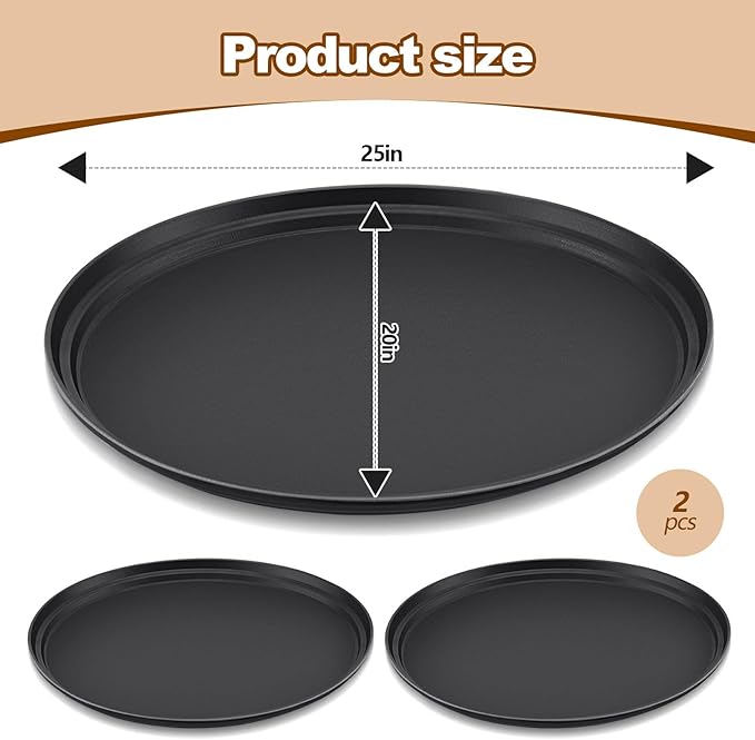 FillTouch 2 Pcs Restaurant Serving Trays PP Plastic Non Slip Rubber Lined Large Oval Tray for Kitchen Dining Room Cafeterias Fast Food Service (25 x 20 Inch,Black)