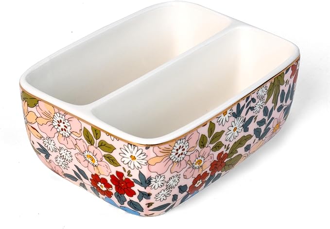 2 Compartments Ceramic Sponge Holder for Kitchen Sink, Cute Floral Countertop Dish Sponges Holder Soap Sink Organizer Farmhouse Caddy (Vintage Pink)