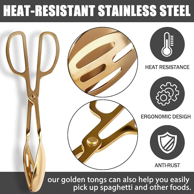 2 Pcs Serving Tongs, 10 Inch Buffet Tongs, Stainless Steel Kitchen Tongs with Comfort Grip, Cooking tongs for Salads, Appetizers, Cake, Bread, Cooking, Party, Barbecue, Desserts, Ice - Gold
