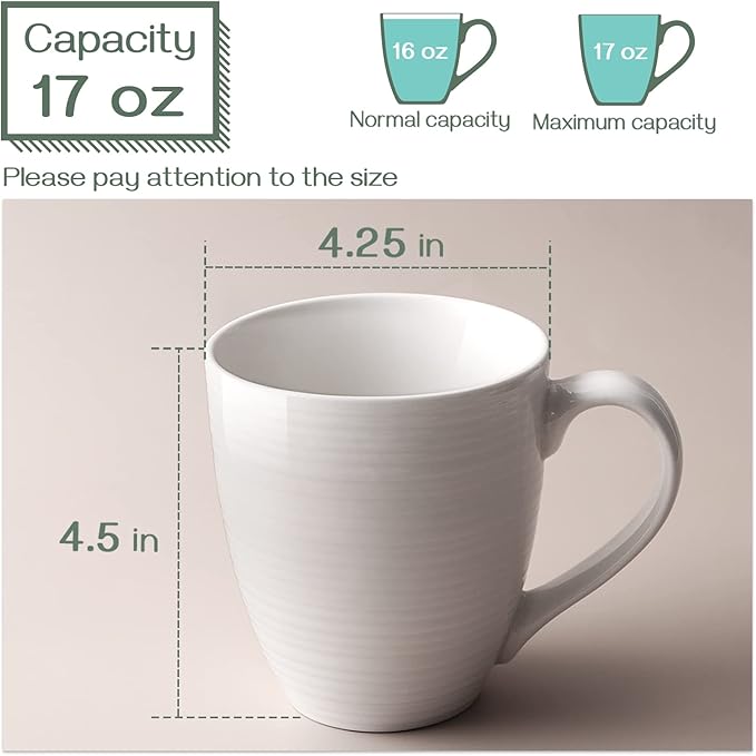 DOWAN Coffee Mugs, 17 Oz Coffee Mug Set of 6, Corrugated Tea Mugs (White)